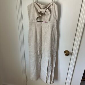Midi beige linen dress with bow, cut out and slit